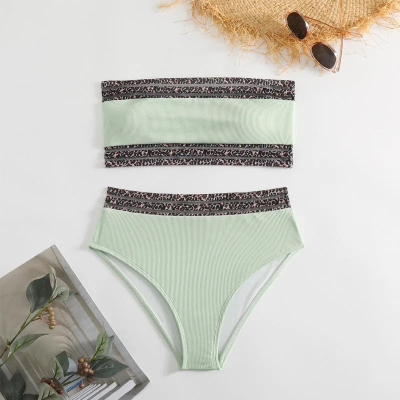 Black strapless split swimsuit with leopard print pattern showing front and back views