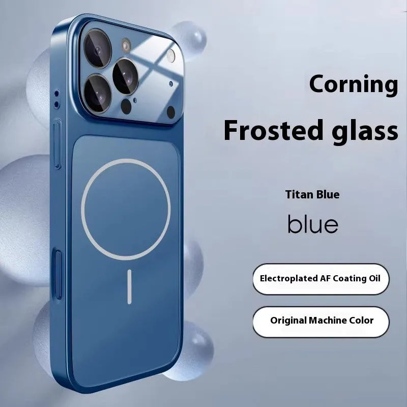 Black tempered glass iPhone case with frosted anti-fingerprint finish and magnetic back.
