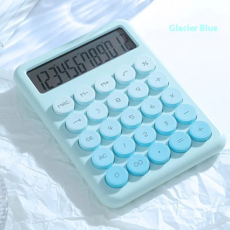 Desktop calculator with gradient colour options including violet, pink, blue and mint green