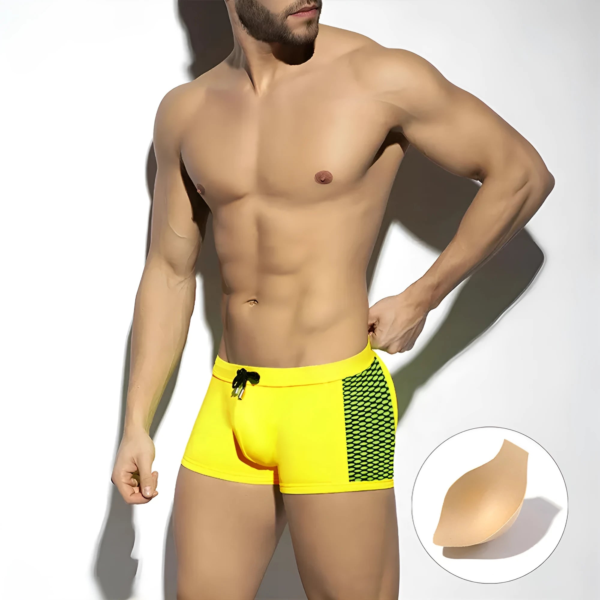 Men's polka dot print swimming boxers in quick-drying nylon fabric.