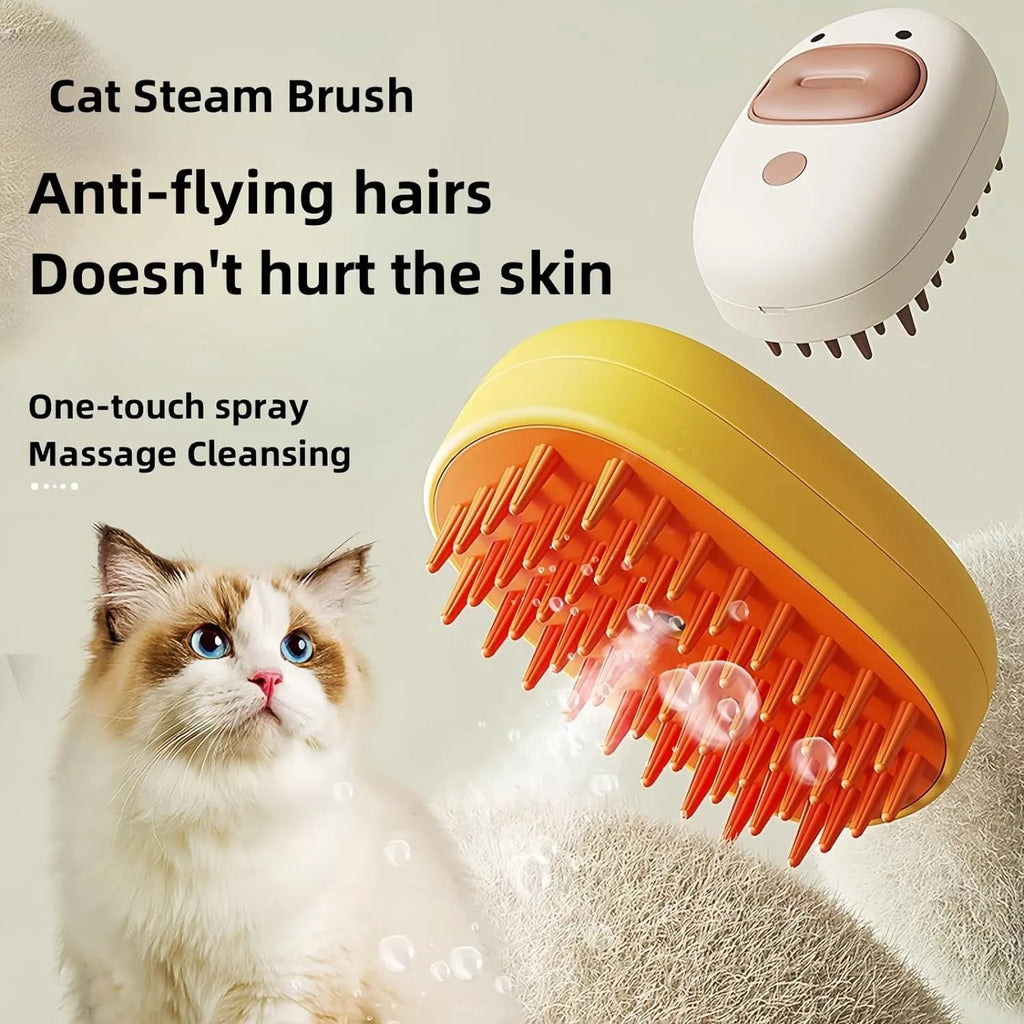 White and yellow rechargeable steam pet brush for dogs and cats with water tank