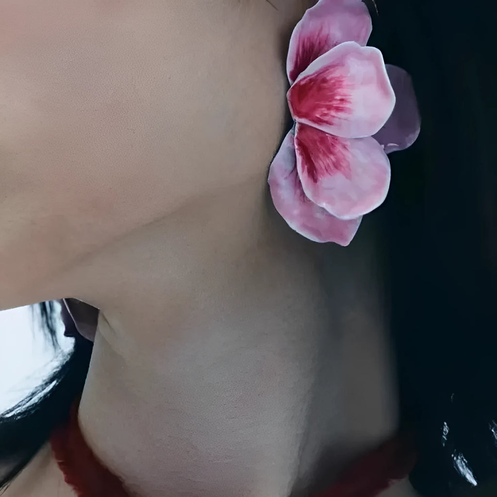 Pastoral style flower earrings with oil-spot glaze finish in blue, green, purple, and rose colours