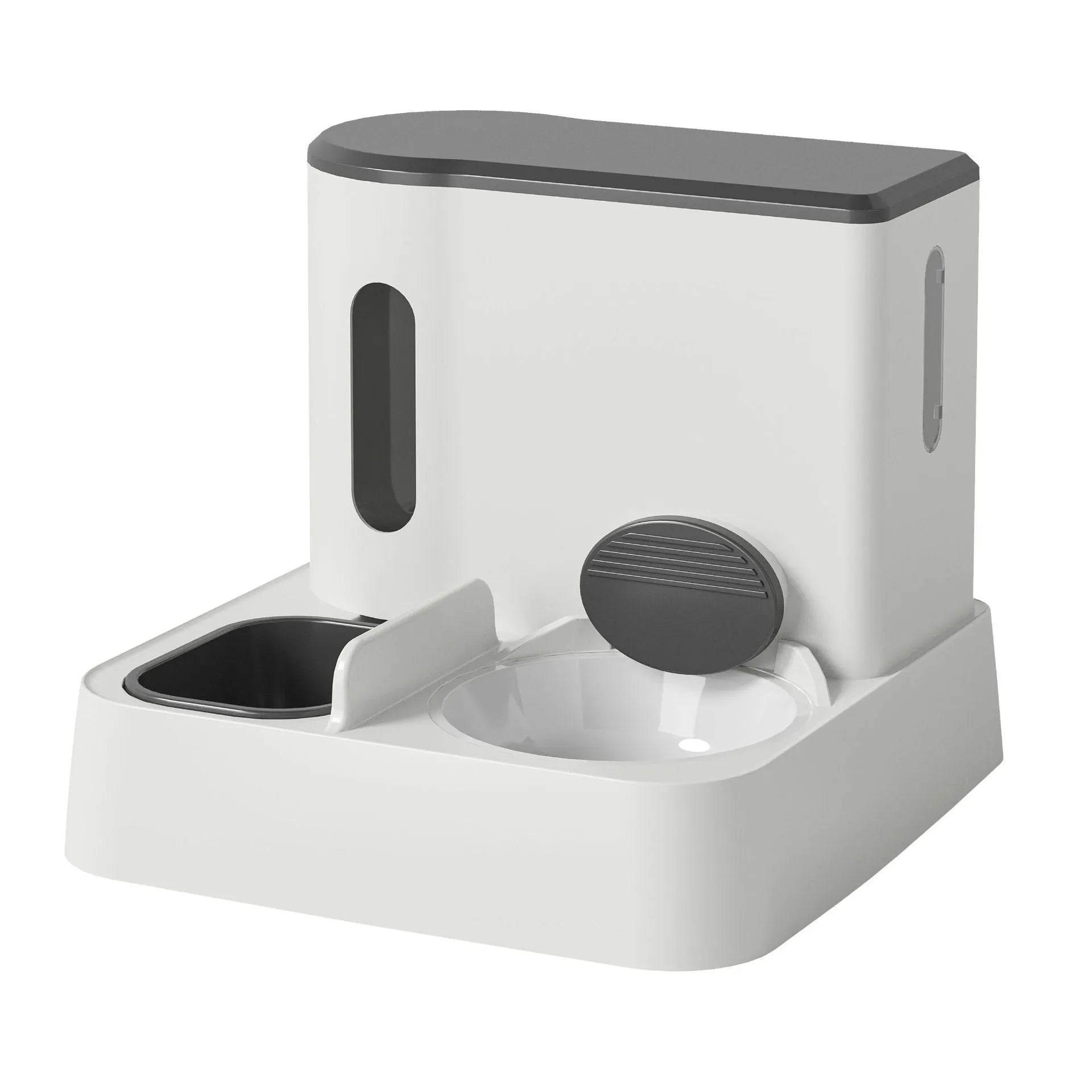 Automatic cat feeder water dispenser with double bowl system and electric circulating water pump in grey colour