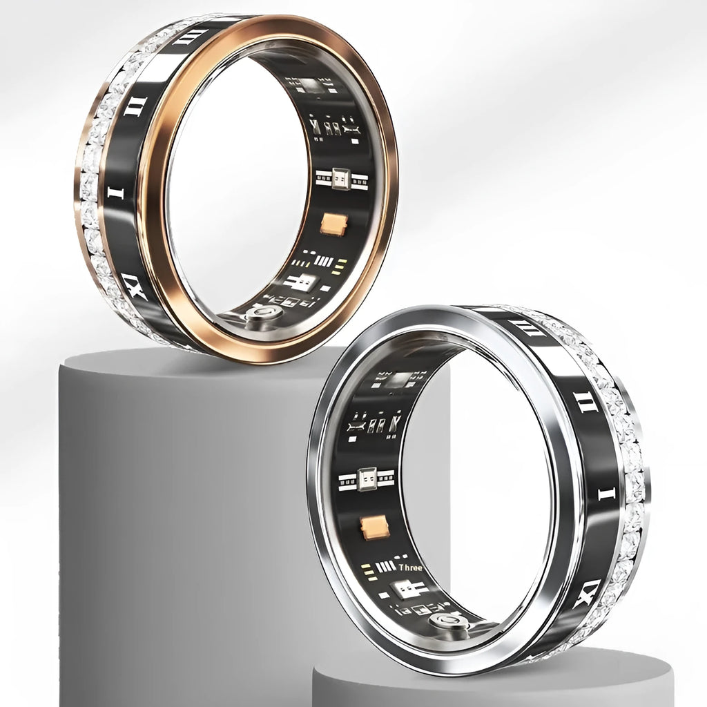 Silver and gold smart ring with diamond inlay showing blood oxygen monitoring functionality