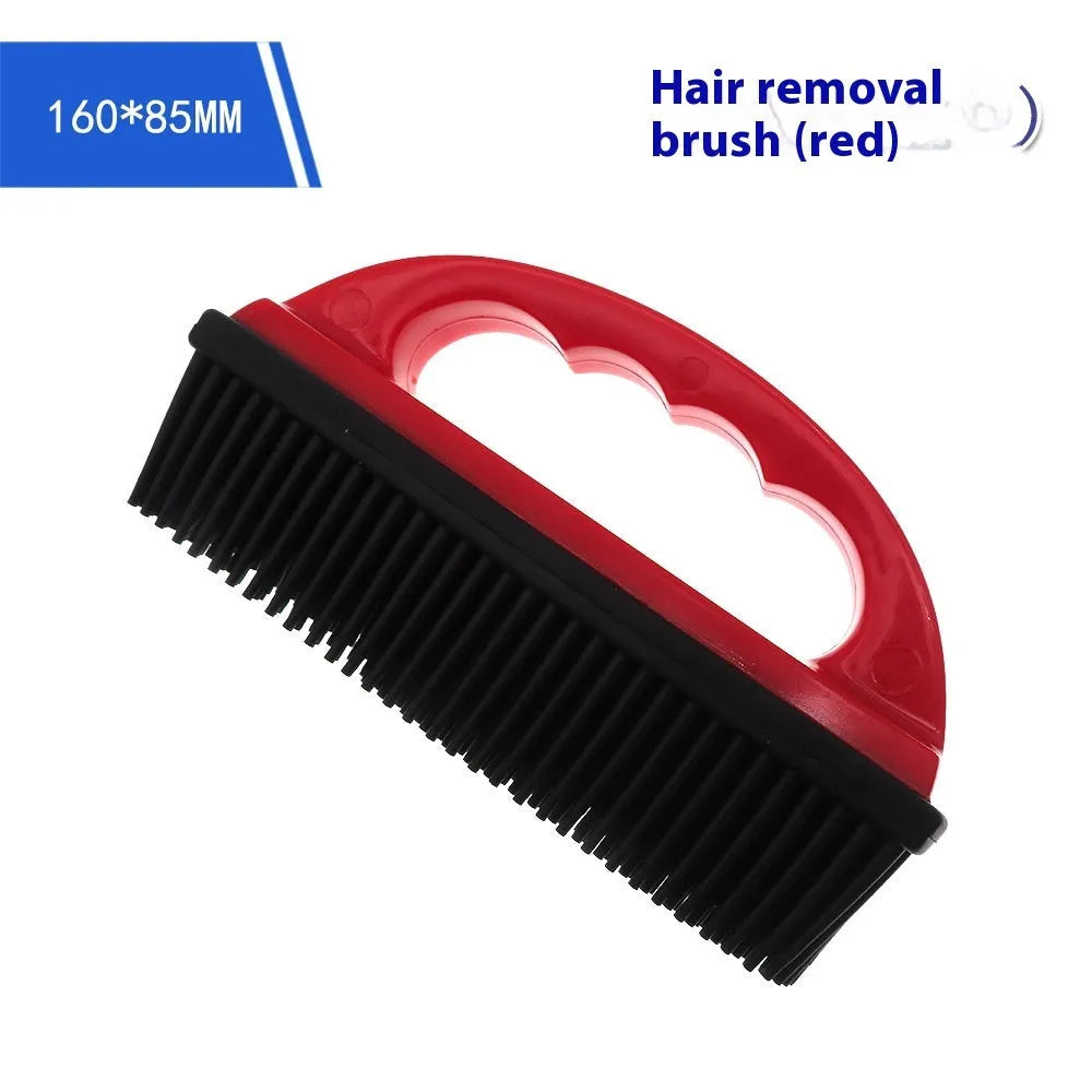 Red silicone pet hair removal brush with ergonomic handle for bath grooming and carpet cleaning