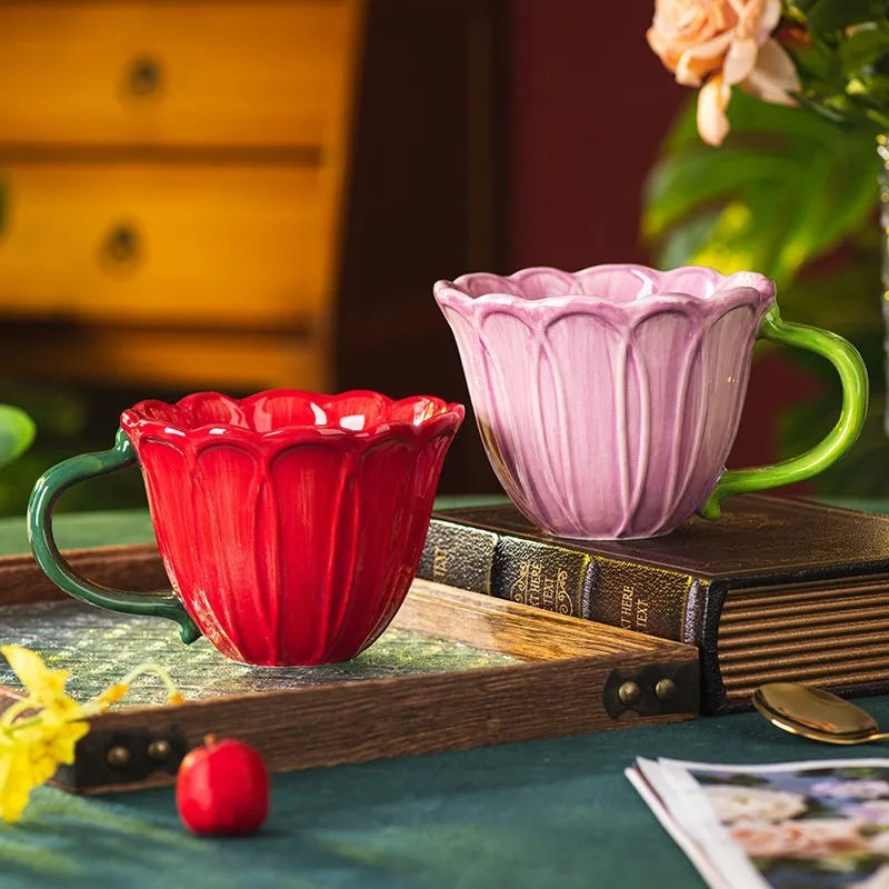 Red and purple ceramic breakfast mugs with floral pattern, 500ml capacity.