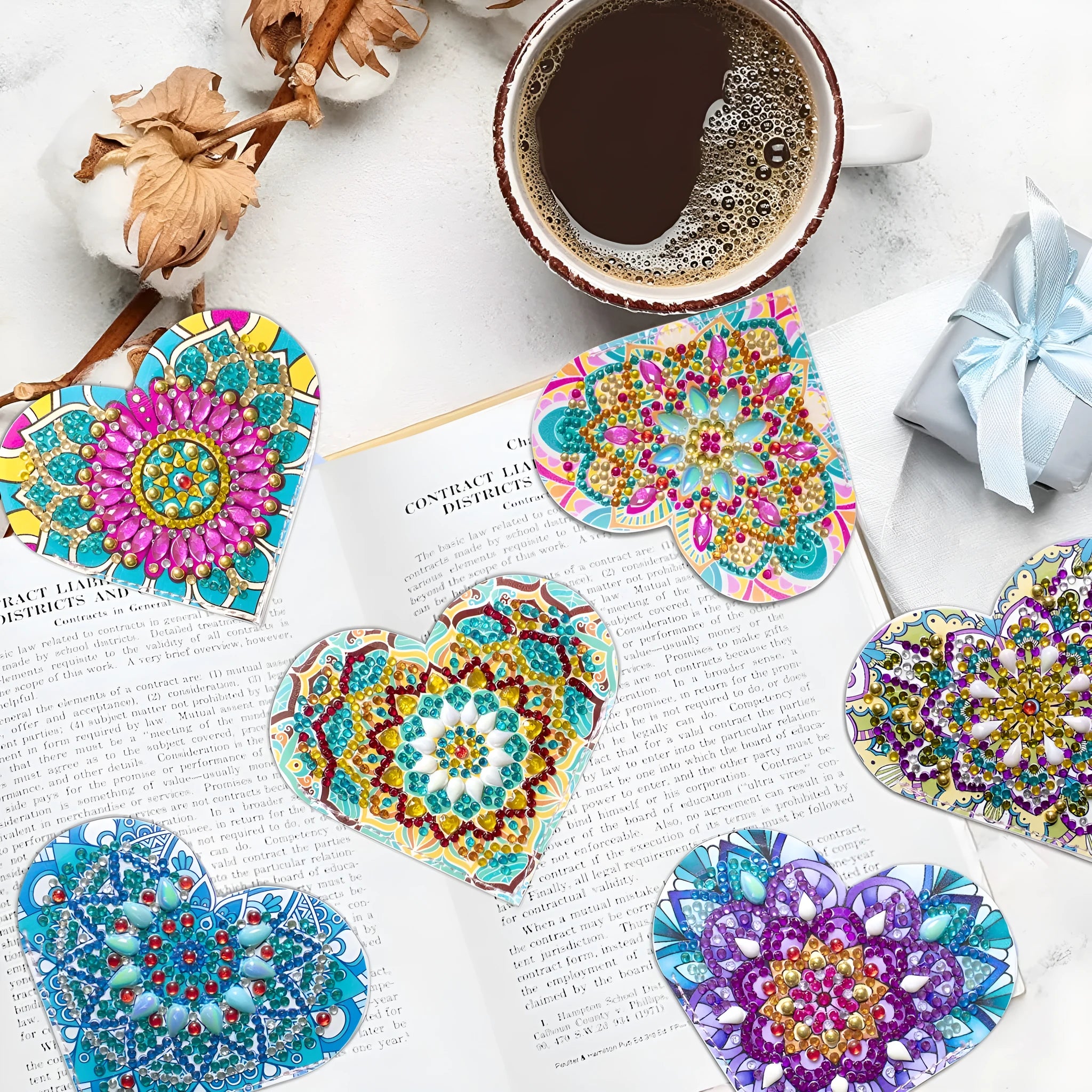 Six PU leather handmade bookmarks with stick-on crystal flower cornerite designs