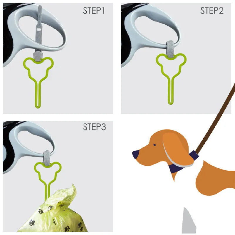 Hands-free dog poo bag holder with fixed clip and adjustable velcro strap.