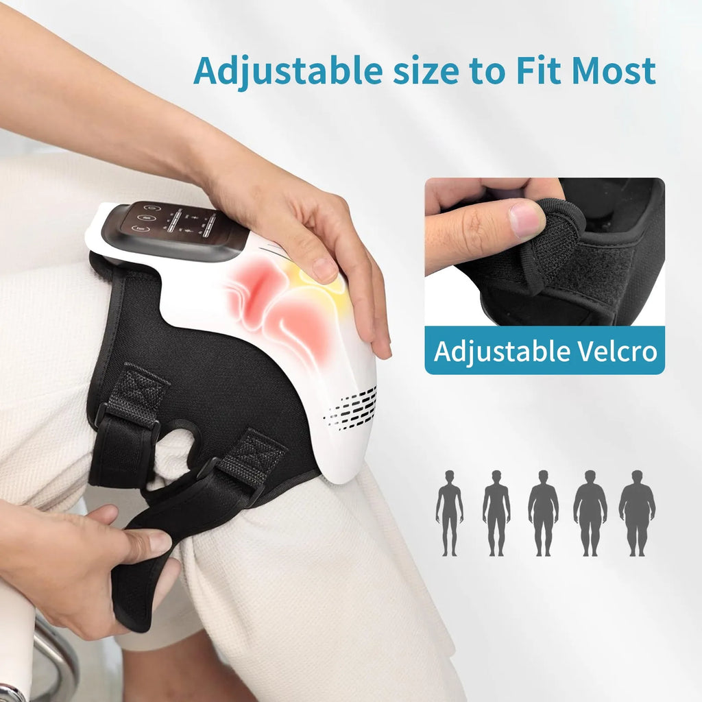 White wearable electric knee massager with straps, showing controls for kneading, heat, and vibration therapy.