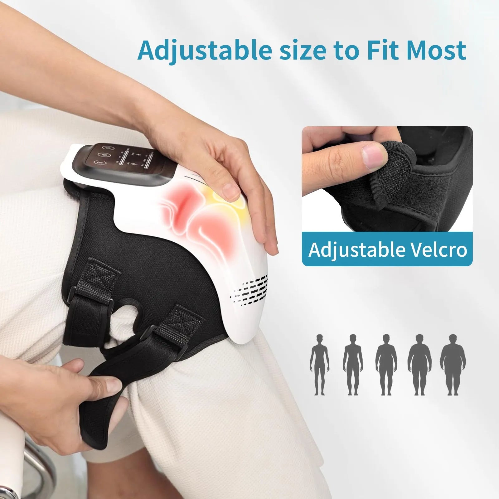 White wearable electric knee massager with straps, showing controls for kneading, heat, and vibration therapy.