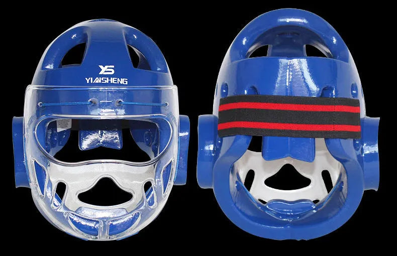 Karate helmet for boxing head protection shown in white, blue, and red colour options.