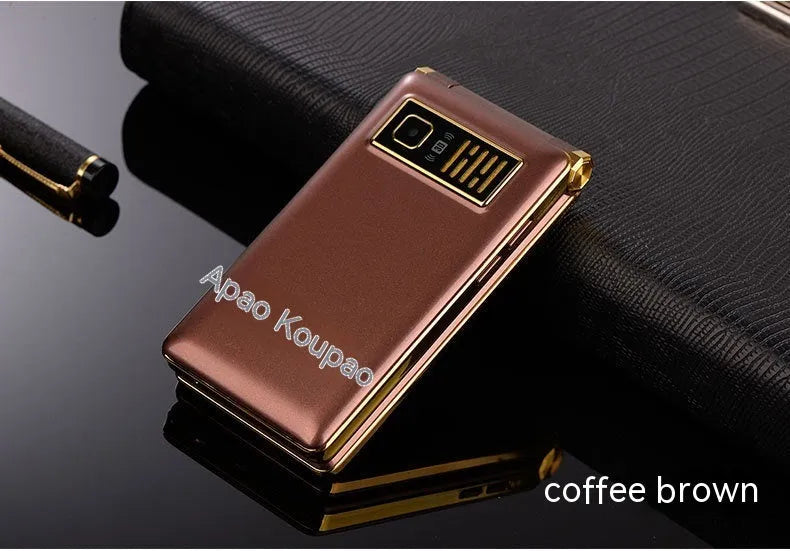 Dual Screen Flip A15 phone in black, gold, or coffee colour, showing internal and external screens.