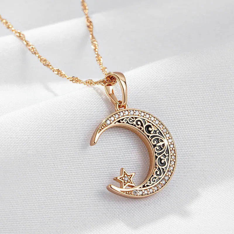 Rose gold plated necklace with star and moon zircon pendant on water wave chain