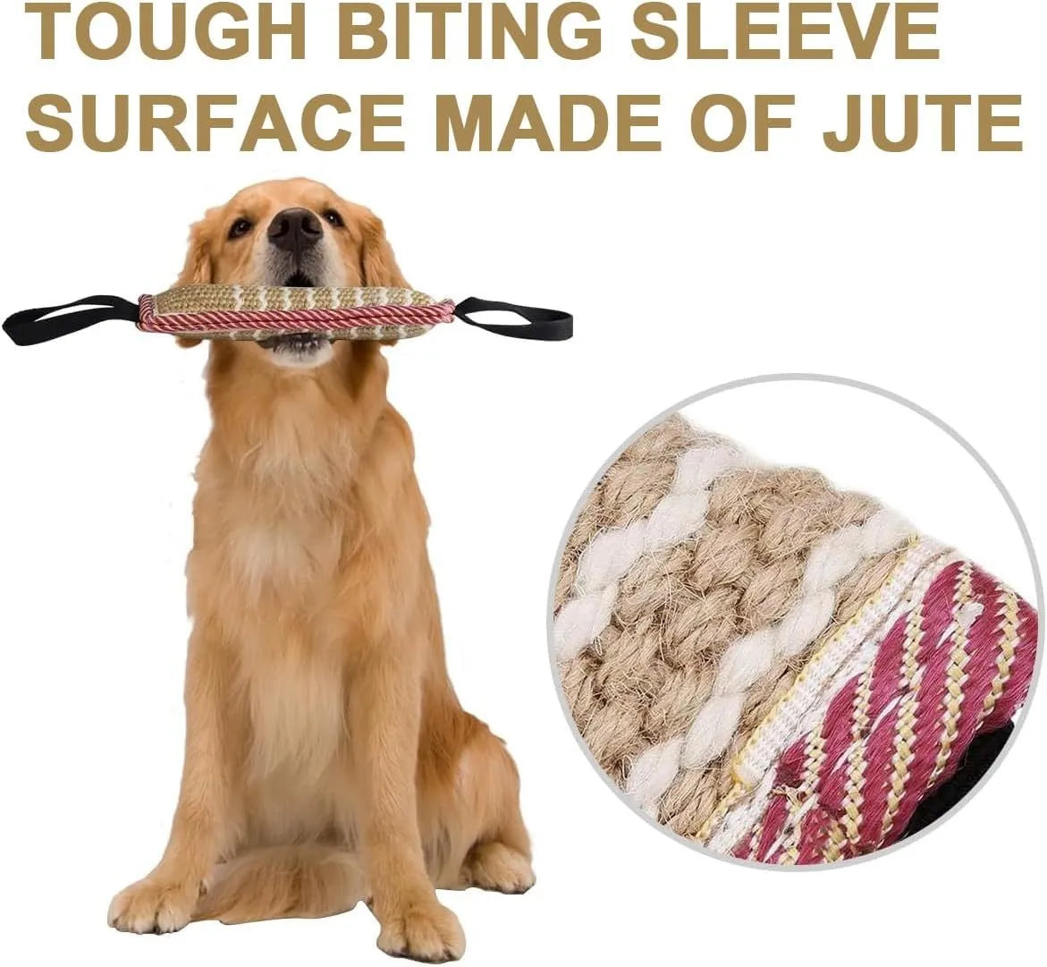 Beige jute dog tug toy with two handles, sized for small and medium dogs