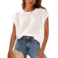 White women's crochet pullover sweater with round neck and long sleeves on a hanger.