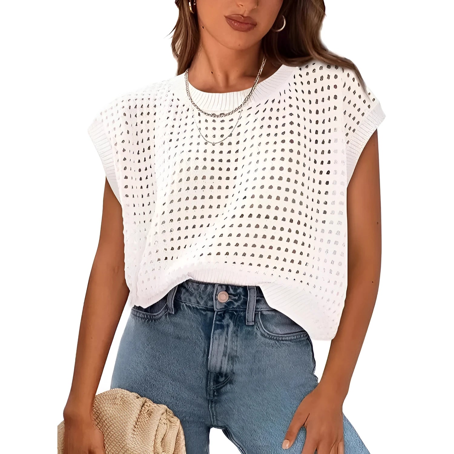 White women's crochet pullover sweater with round neck and long sleeves on a hanger.