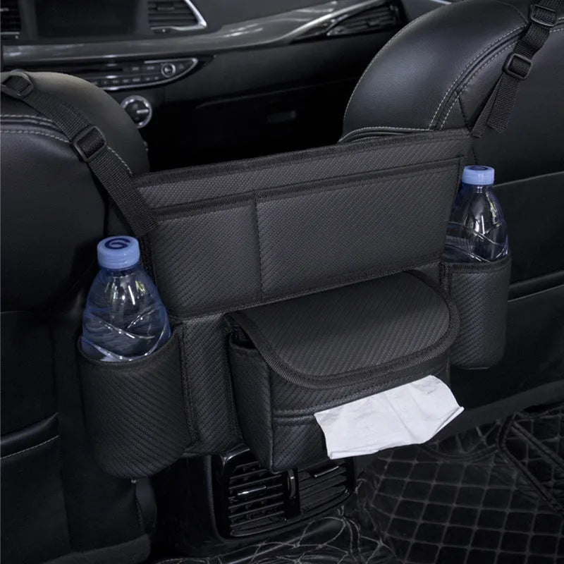 Leather car seat gap organiser with tissue box in black with Classic Lychee, Carbon Fibre, or Fashion Grain patterns