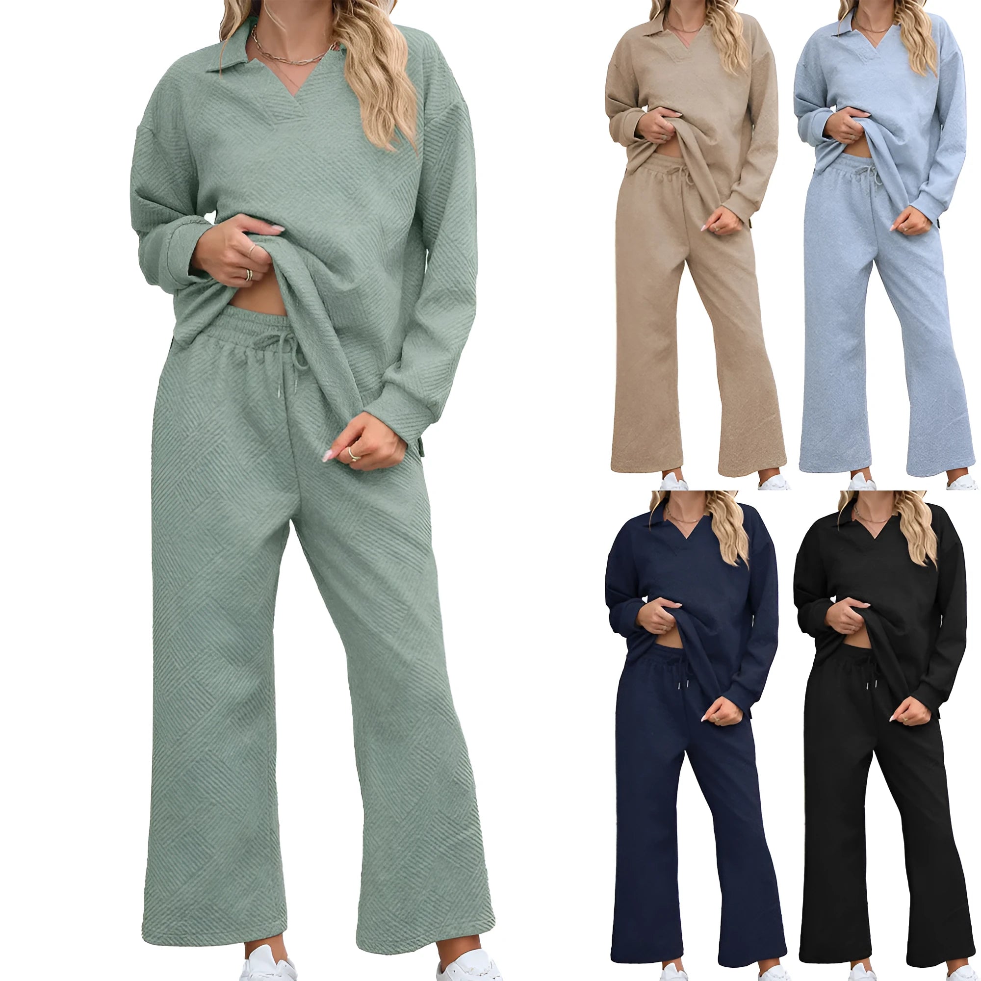 Women's solid colour knitted suit set with lapel top and cropped trousers in gray.