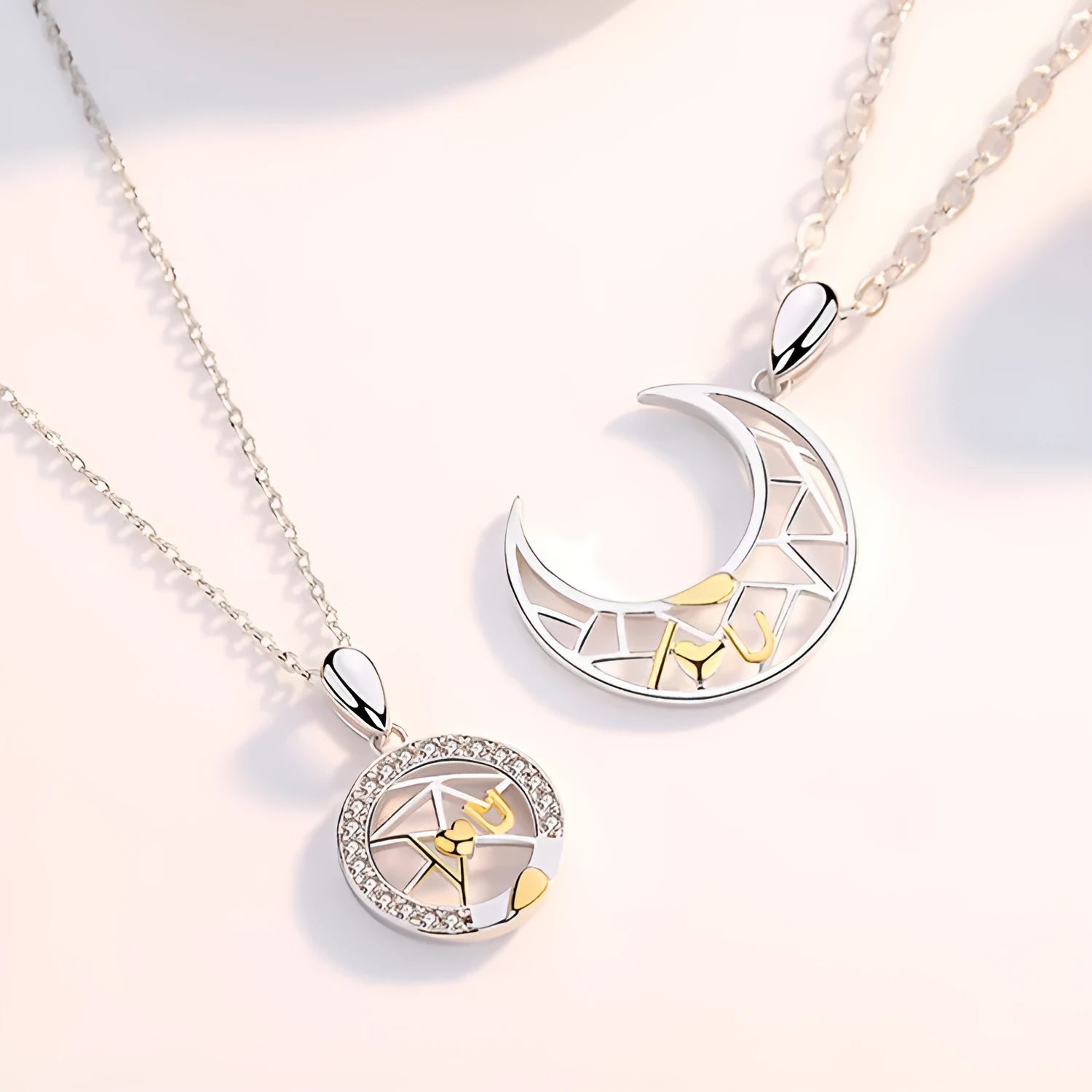 Sun and moon couple necklace with electroplated copper pendants on cross chain