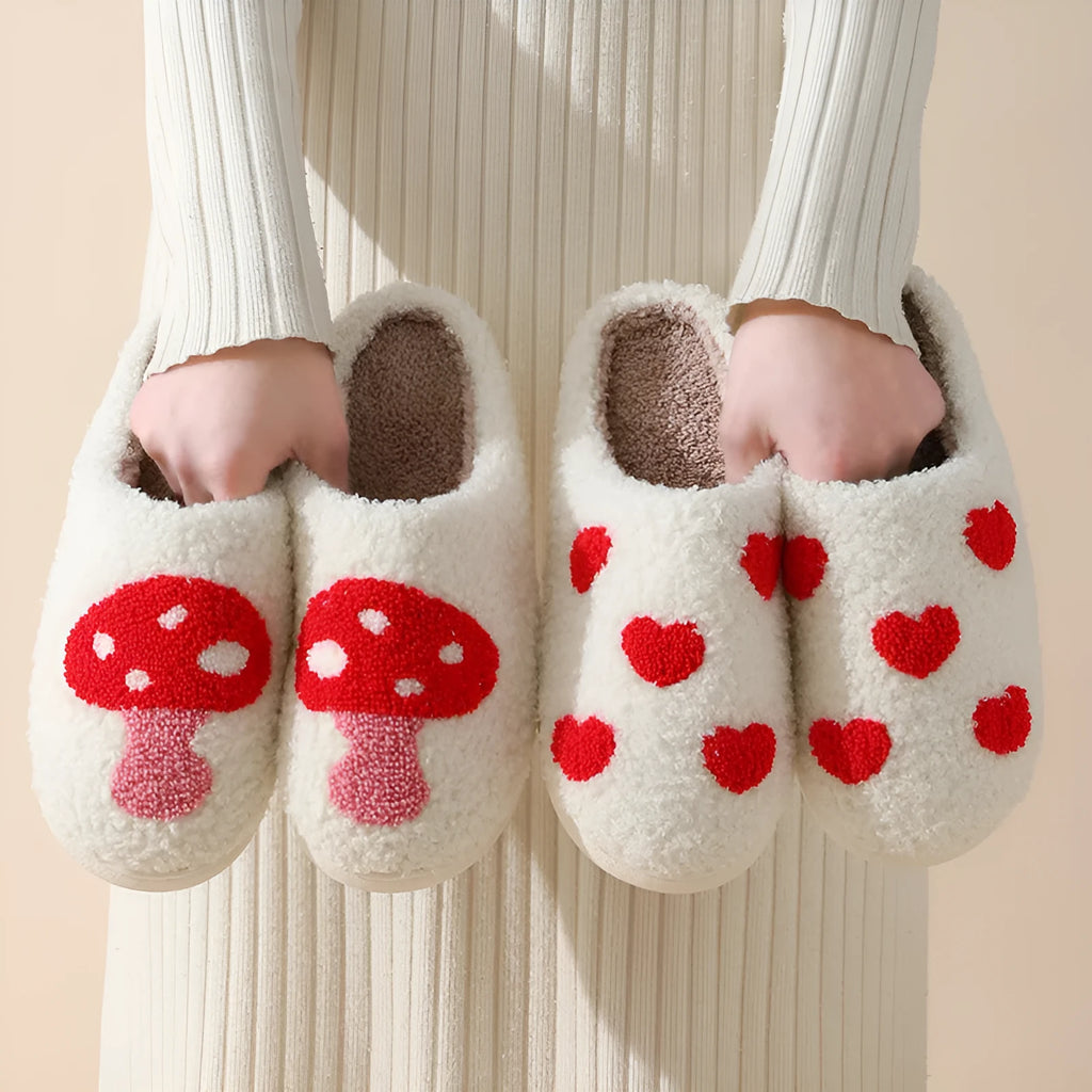 Women's cartoon-themed plush home slippers with PVC sole in big love pattern