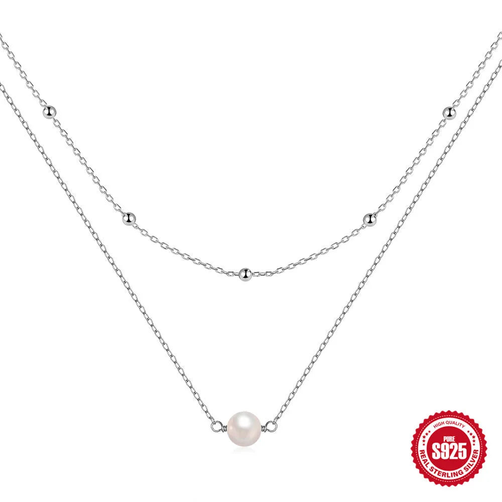 S925 sterling silver necklace with double layer twin pearl pendant on ball bead chain
