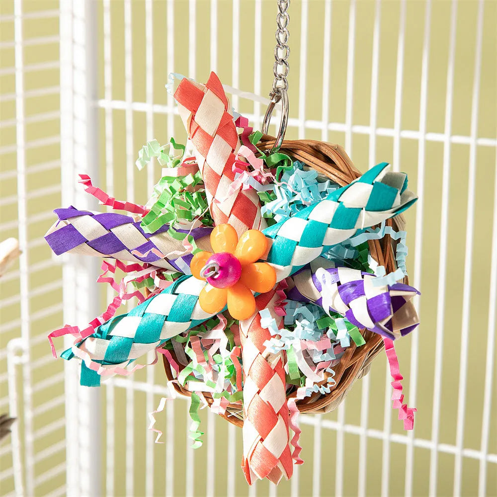 A wooden parrot gnawing toy for beak trimming and enrichment, shown with type options.