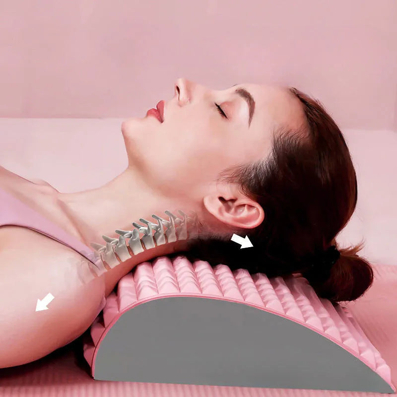 Blue EVA foam back stretcher pillow for neck and lumbar pain relief, 33cm long on a chair