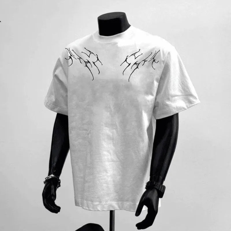 Men's black and white cotton T-shirt with loose fit and printed letter design for casual business wear