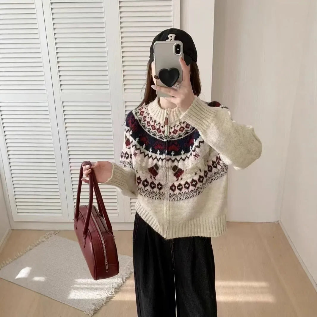 Ethnic style apricot and navy blue polyester jacquard pullover sweater with 3D pattern and loose fit