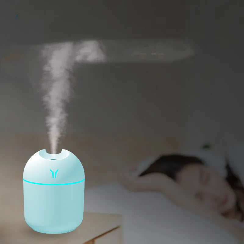 Round desktop humidifier with USB power cable and 250ml water tank capacity