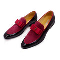 Men's low-top patent leather shoes with tassel detail in black, blue, brown, or red colours.