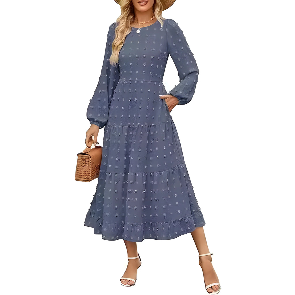 Women's long sleeve autumn dress with ruffle sleeves and high waist in solid colour options