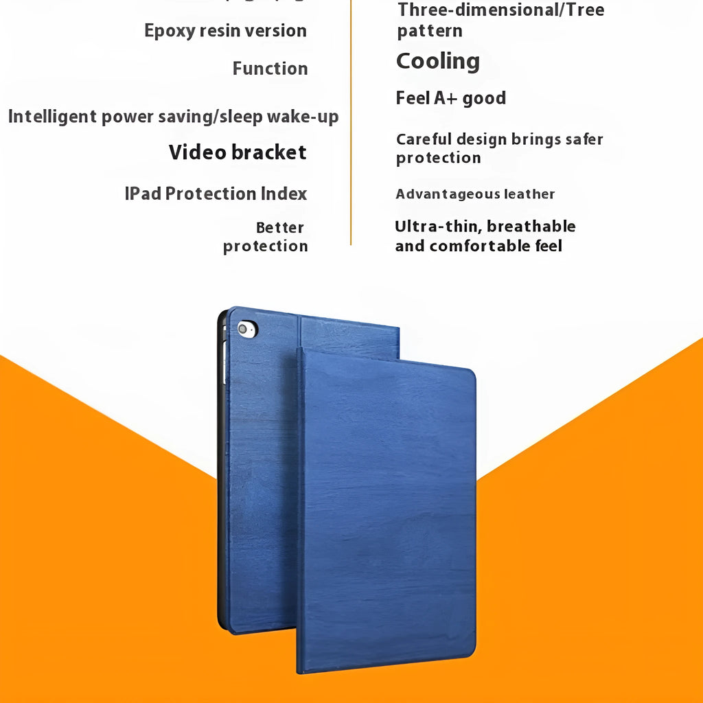 Sapphire blue imitation leather iPad cover with a built-in universal sleep/wake bracket.