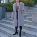 Women's thick faux rabbit fur mid-length coat in gray colour with regular sleeves