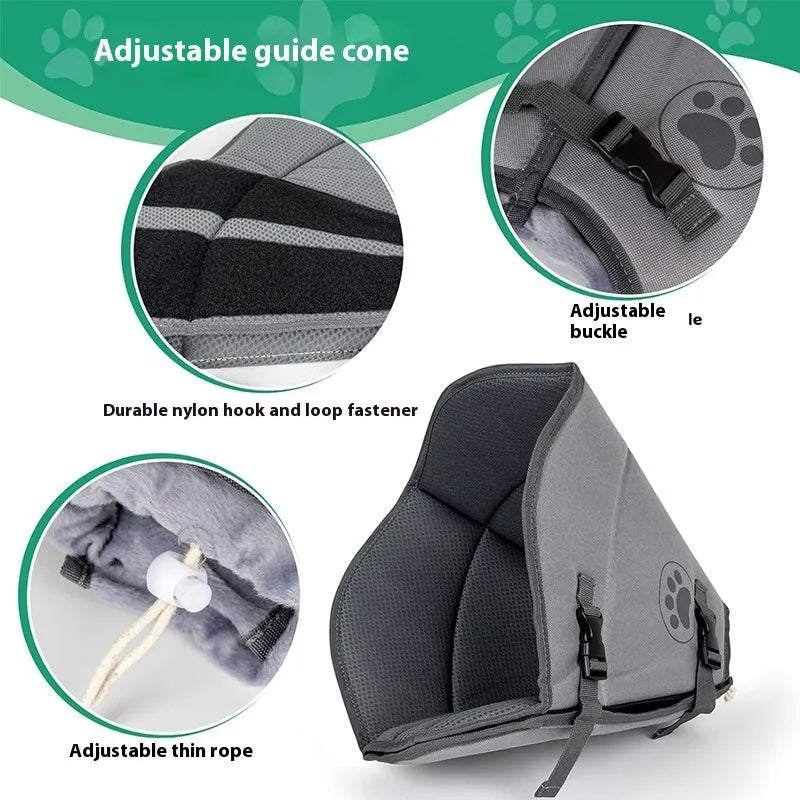 Adjustable polyester pet recovery collar in sizes L, M, XL showing single and double layer options.