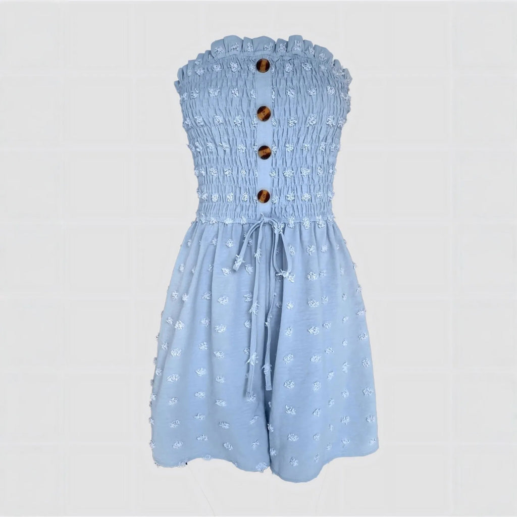 Women's blue off-shoulder jumpsuit with sleeveless design and button details