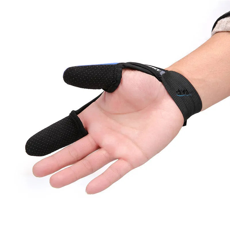 Single two finger fishing glove in blue colour showing diving cloth back and microfiber palm.