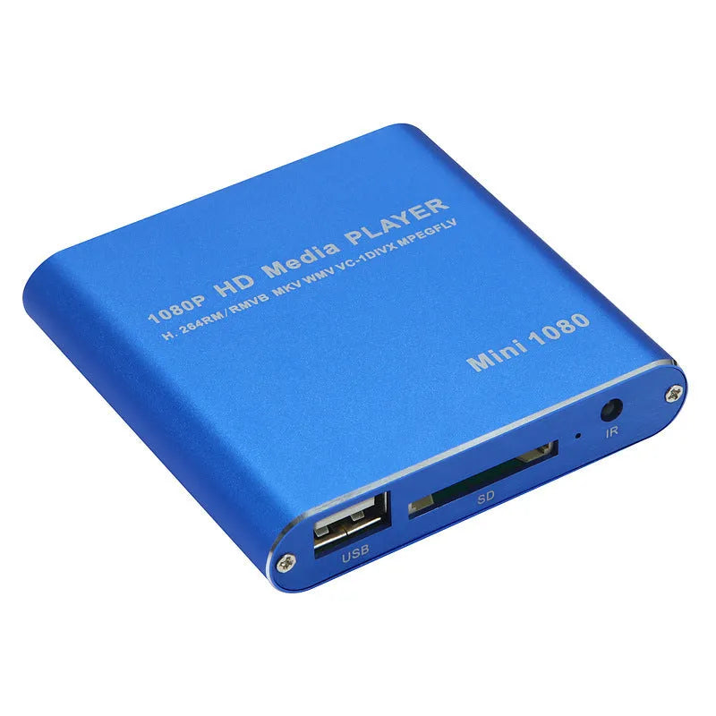 Compact black and blue all-metal 1080p HD media player with remote control on a wooden surface.