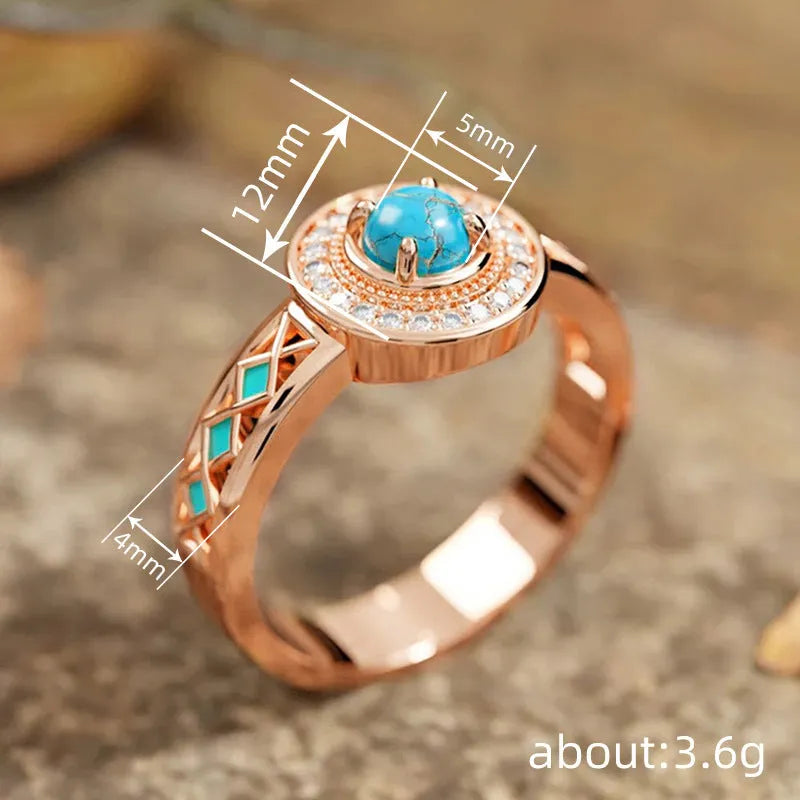 Women's turquoise ethnic style copper ring with geometric quadrangle design and micro inlaid zircon in rose gold colour