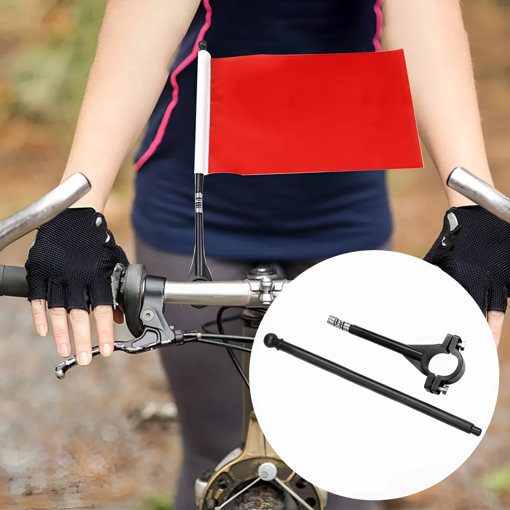 Cycling handlebar flagpole with small polyester square flag attached to bicycle for promotional use
