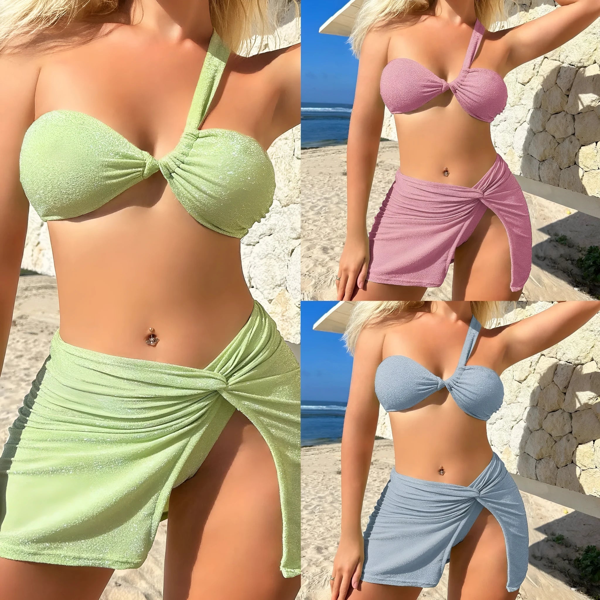 Women's light green one-shoulder tube top swimsuit set with matching shorts and wrap skirt.