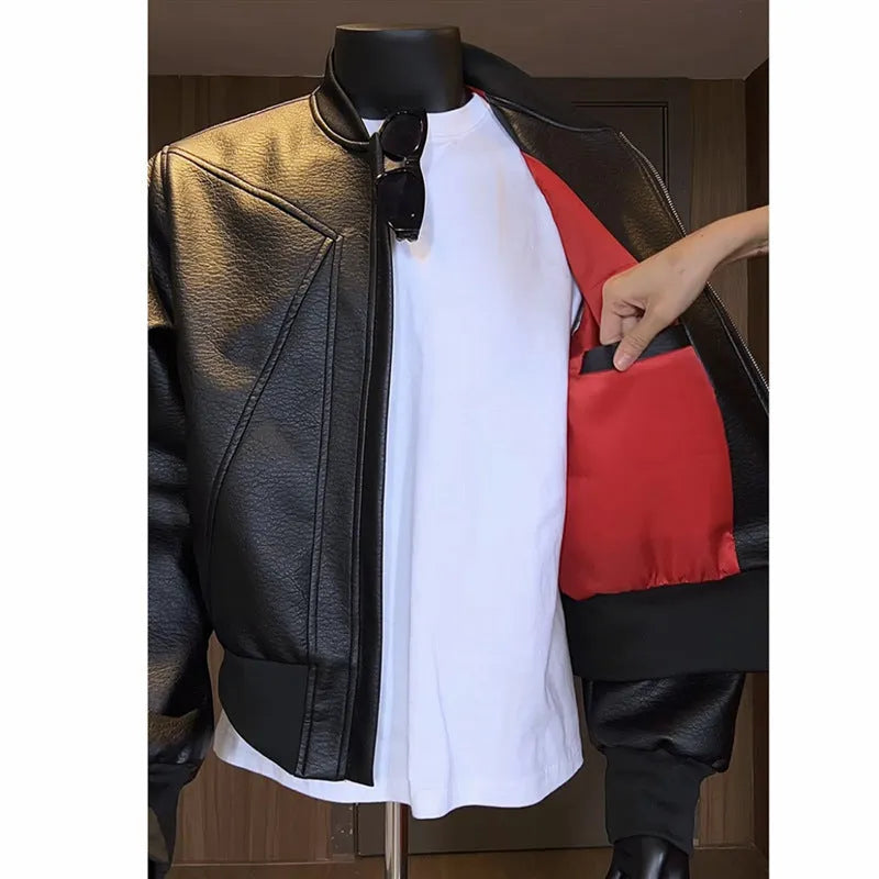 Men's extended length PU litchi leather jacket in light business style
