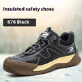 Men's black leather work safety shoe with Flyknit panel and rubber sole on a grey background.