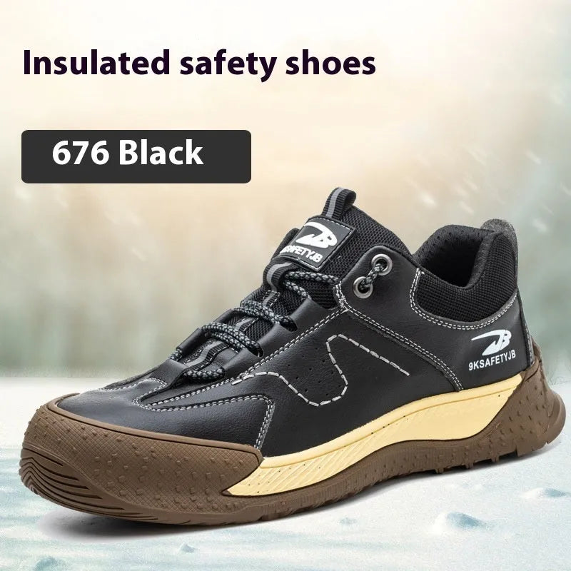 Men's black leather work safety shoe with Flyknit panel and rubber sole on a grey background.