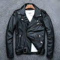 Pure cowhide biker's leather jacket in black with silver zip, front view