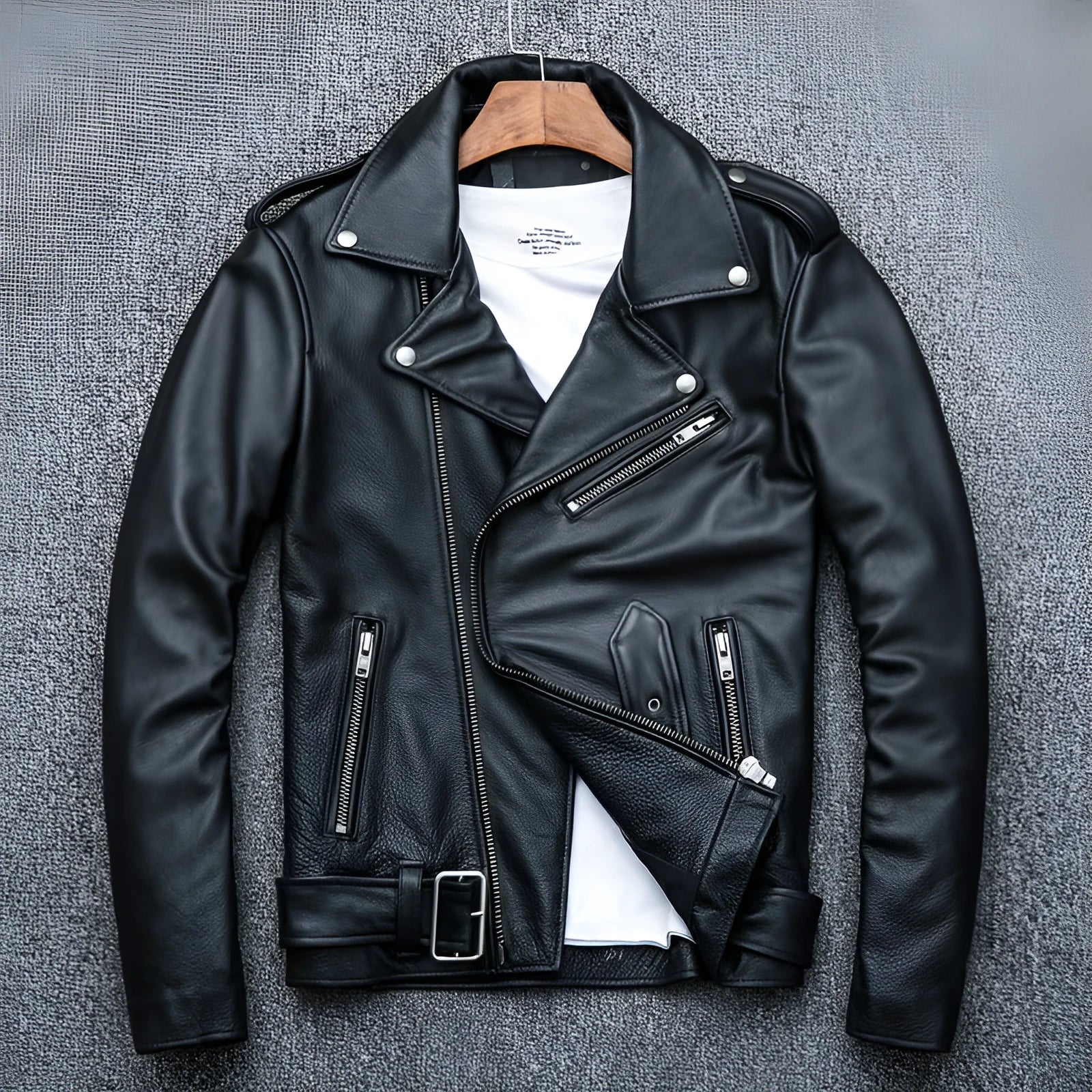 Pure cowhide biker's leather jacket in black with silver zip, front view