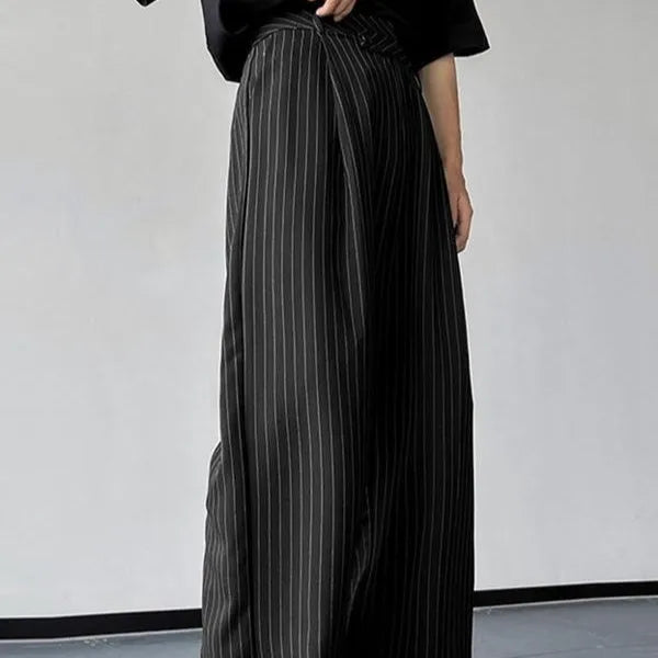 Men's black vertical striped pleated casual trousers with high elasticity waistband