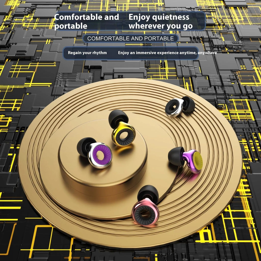 Noise reduction sleep earplugs in gold, silver, transparent, purple, and rose gold colours with a storage box