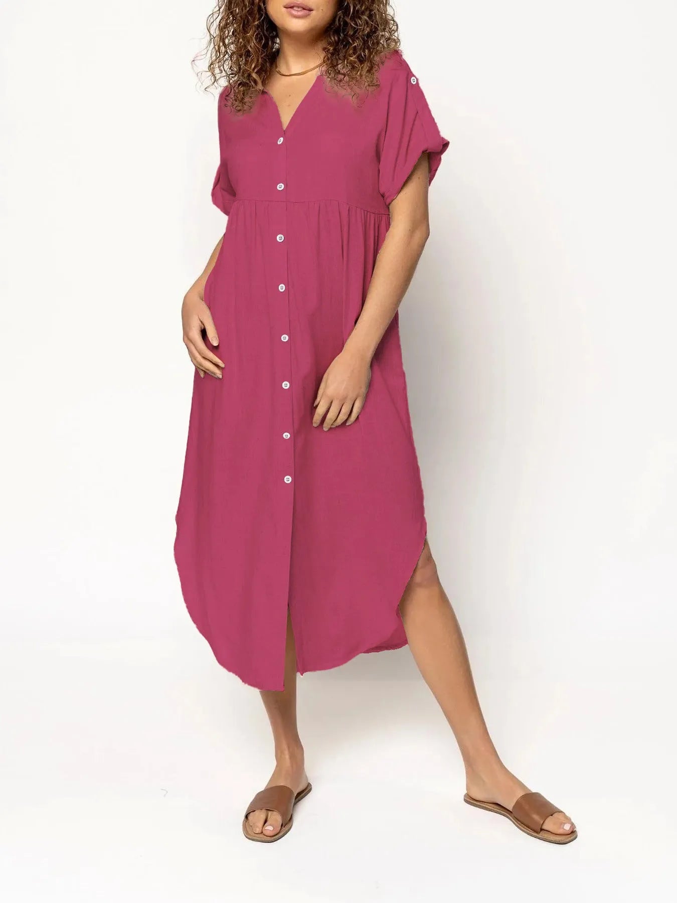 Women's casual button front mid-length dress in solid colour with regular sleeves and loose fit