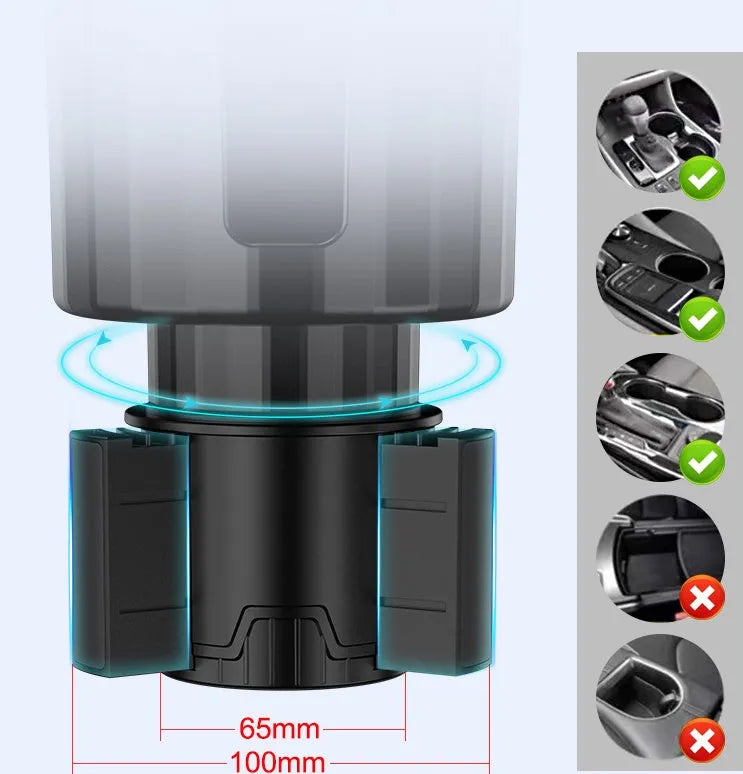 Matte black adjustable car cup holder expander for large bottles and drinks.
